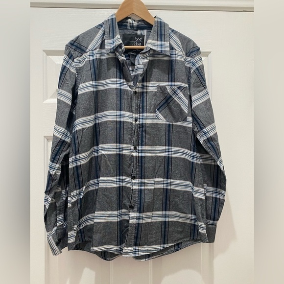 Blue Crown Grey and Blue Plaid Button Down Long Sleeve with Collar, XL - Picture 1 of 5